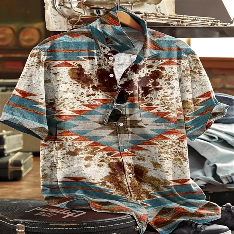 2025 men's casual fashion print, bamboo linen short sleeved shirt, 100% polyester fiber, 3D printed pattern, adult summer shirt