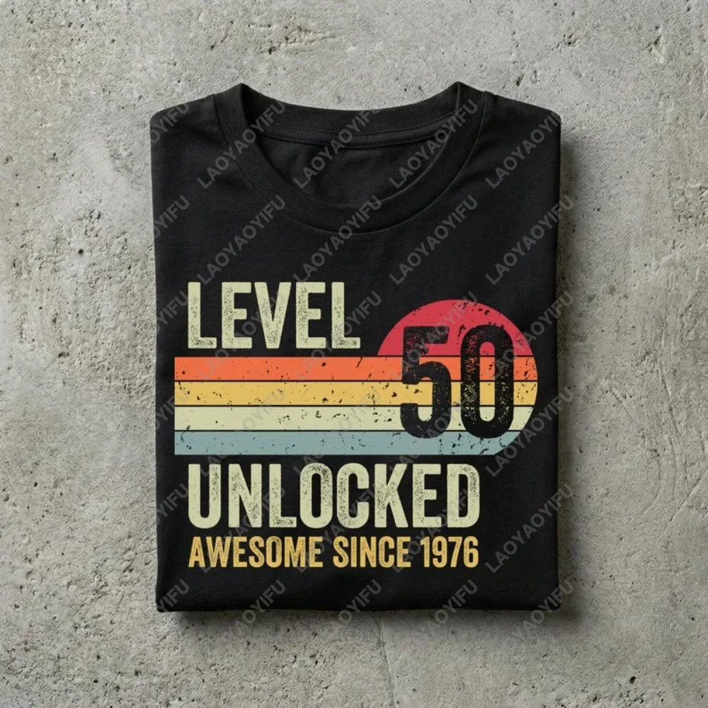 Level 50 Unlocked Birthday Retro T Shirt Vintage 1976 50th Casual Fashion Loose Man Streetwear Cotton Short Sleeve Women Tees