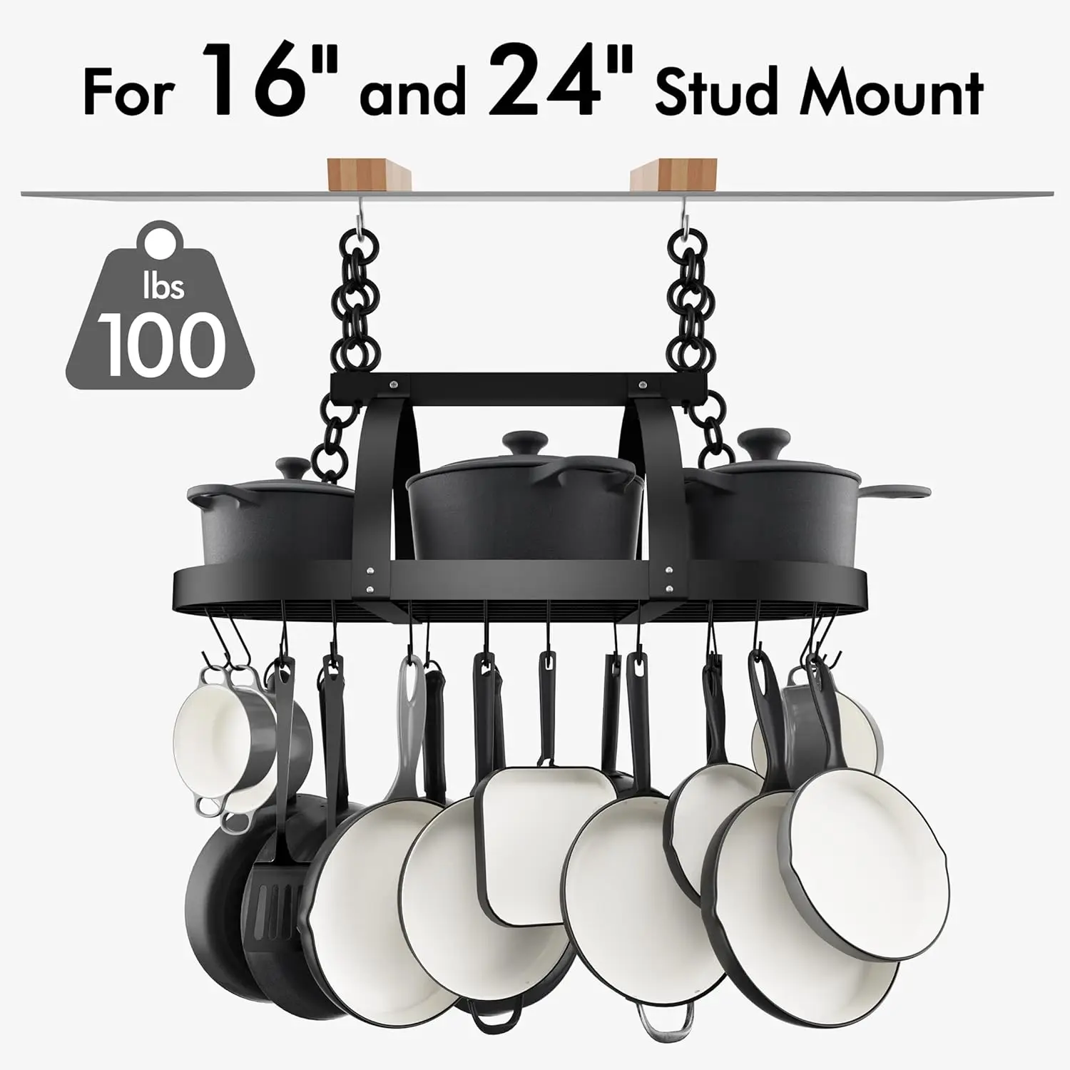 Ceiling Pot Rack 34-Inch Hanging Pot Rack for Kitchen Oval Pot and Pan Rack Matte Black with 20 S Hooks