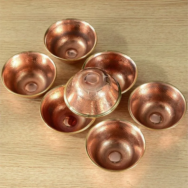 7pc Buddhism Altars Bowl,Engraving Sanger Flower Red Copper Bowl,Tibetan Golden Edge Holy Cup Buddhist Religious Item Decorative