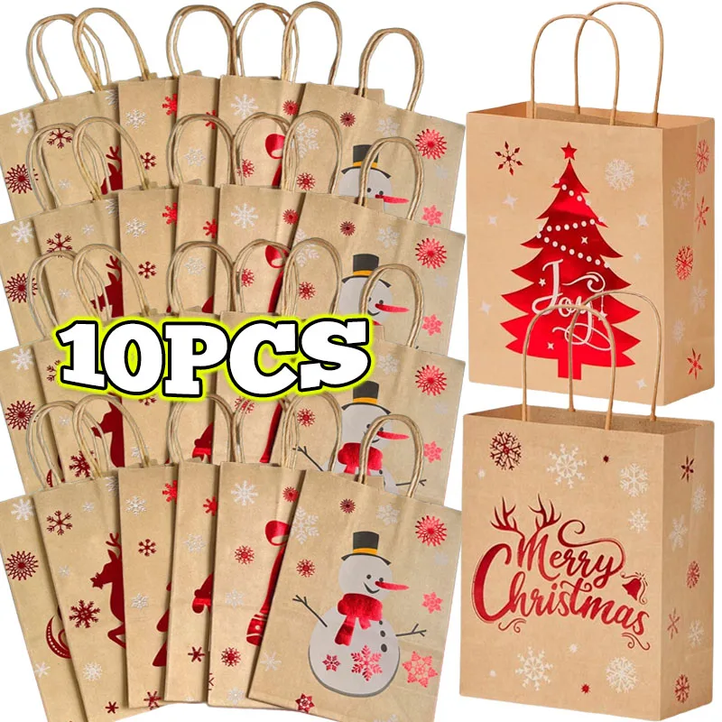 Venta al por mayor de bolsas con asa de regalo Kraft para fiesta de Navidad, embalaje de galletas y dulces, bolsa para golosinas, suministros de decoración bonitos de muñeco de nieve de Papá Noel