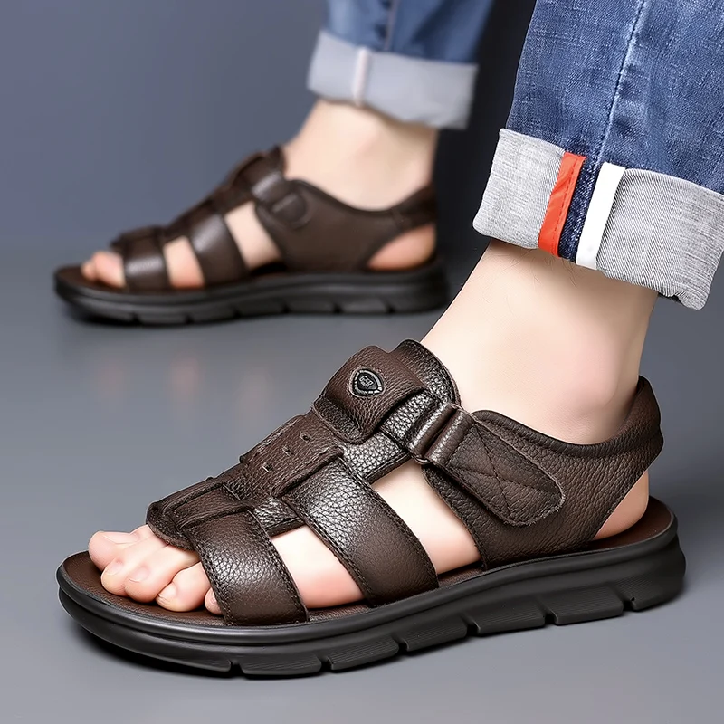 Summer Sandals Genuine Leather Outdoor Men Beach Shoes Luxury Breathable Casual Sandal Man Wading Shoes Non-slip Slippers