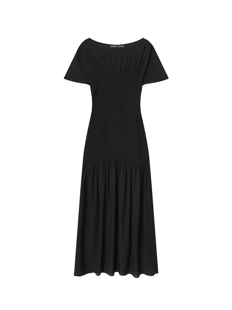 

HH Woman Spring Fashion Short Sleeves Round Collar Solid Waist Pleated Decoration Long Dress Female Retro Versatile Midi Dress