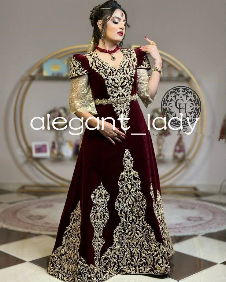 Burgundy Velvet Long Sleeve Prom Dresses with Veil Wrap Moroccan Kaftan Algerian Outfits Karakou Applique Evening Gown Customsiz