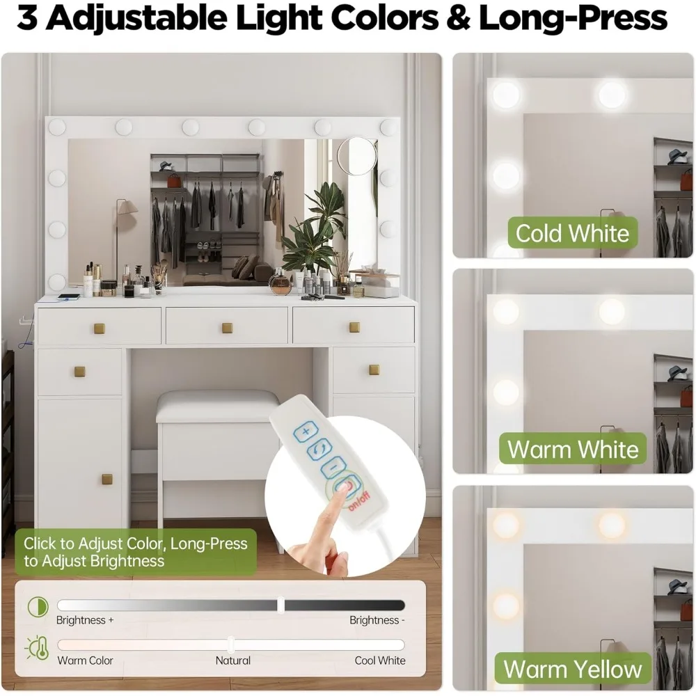 Scrivania per trucco illuminata a LED con grande specchio, lampadine regolabili, cassetti, presa di ricarica, stoccaggio per asciugacapelli