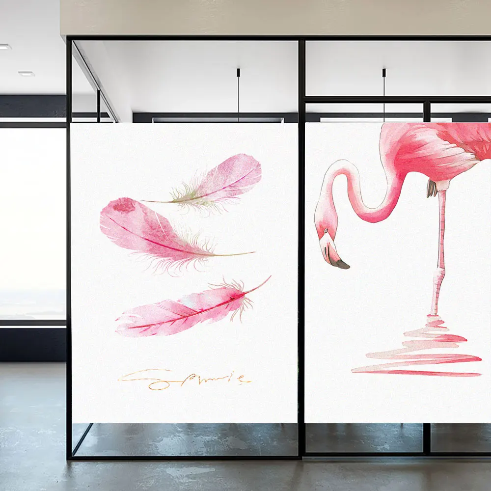 

Window Privacy Film Pink Feathered Flamingo Frosted Static Cling Sun Blocking Glass Sticker for Home Window Decoration