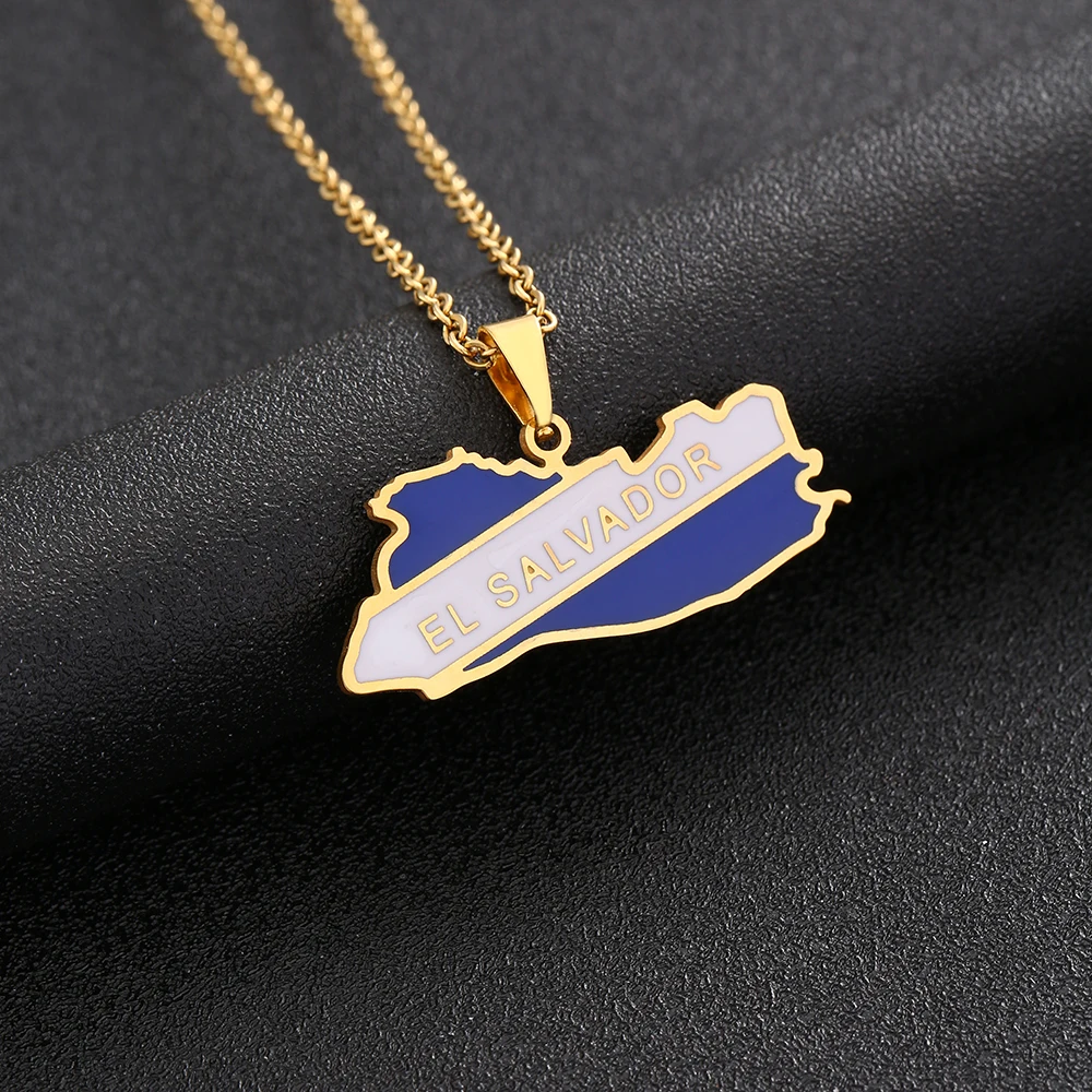 El Salvador Map Coloured Flag Pendant Necklace Stainless Steel For Women Girls Gold Silver Color Charm Fashion Jewelry Gift