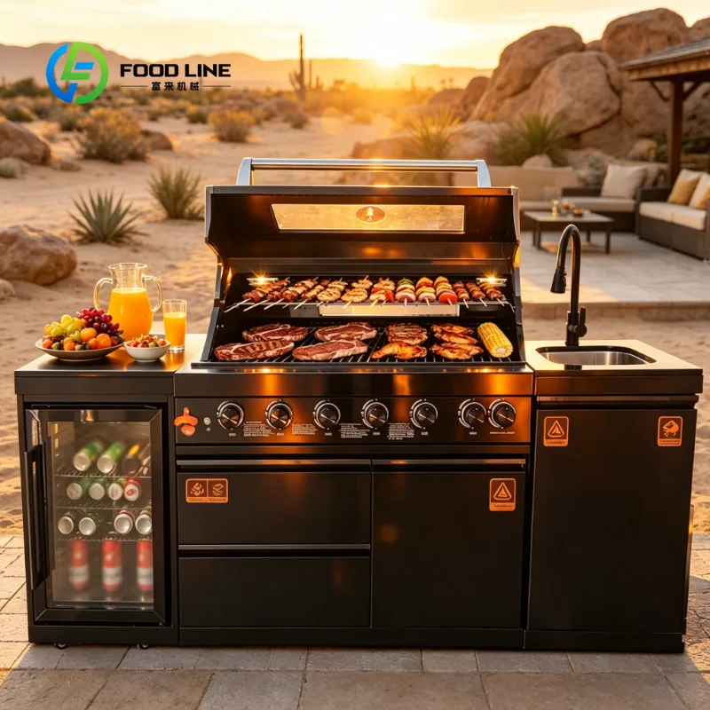 Custom Black 304 Stainless Steel 6 Burner BBQ Grill Modern Outdoor Kitchen with Single Door Storage Locker for Family Gathering