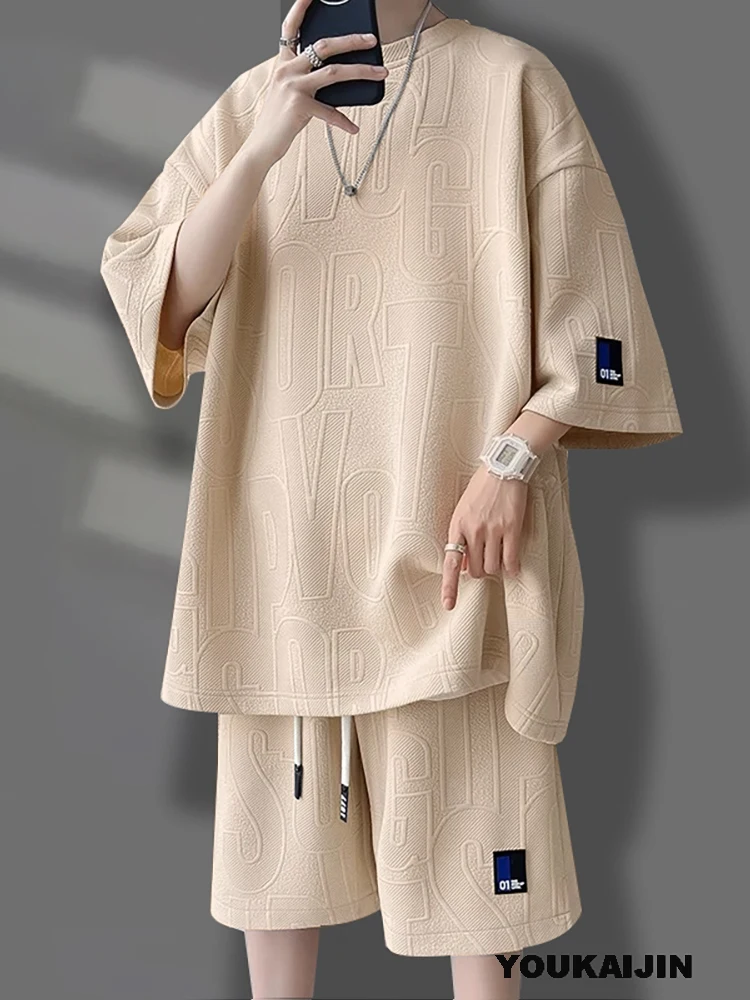 

Men's Korean Summer Suit Korean Casual T-shirt + Shorts Suit Men's Tracksuit Solid Color Tracksuit Loose Suit Plus Size 5XL