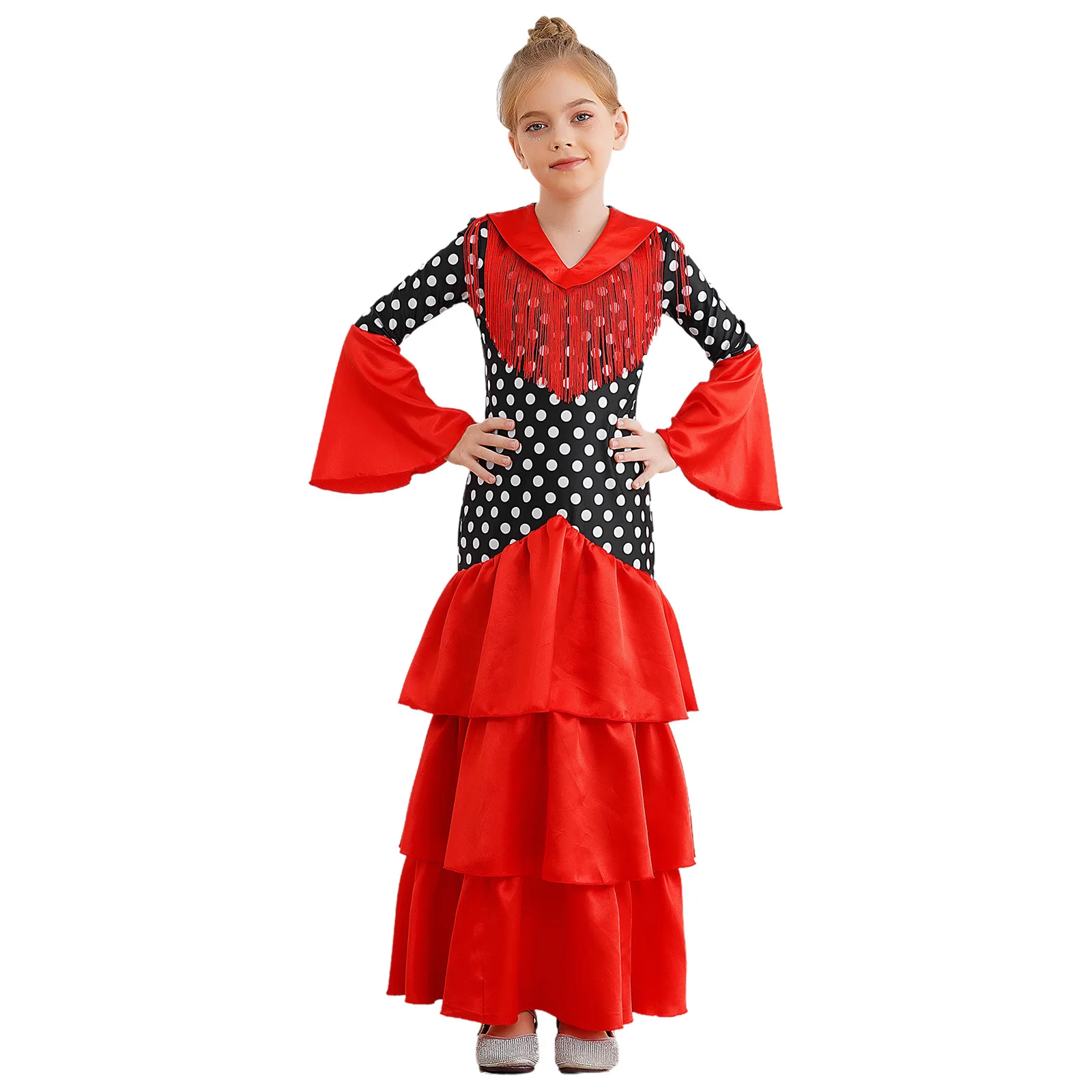 Kids Girls Flamenco Dance Dress Polka Dots Print V Neck Flared Sleeve Tiered Ruffle Dress Ballroom Modern Performance Dancewear