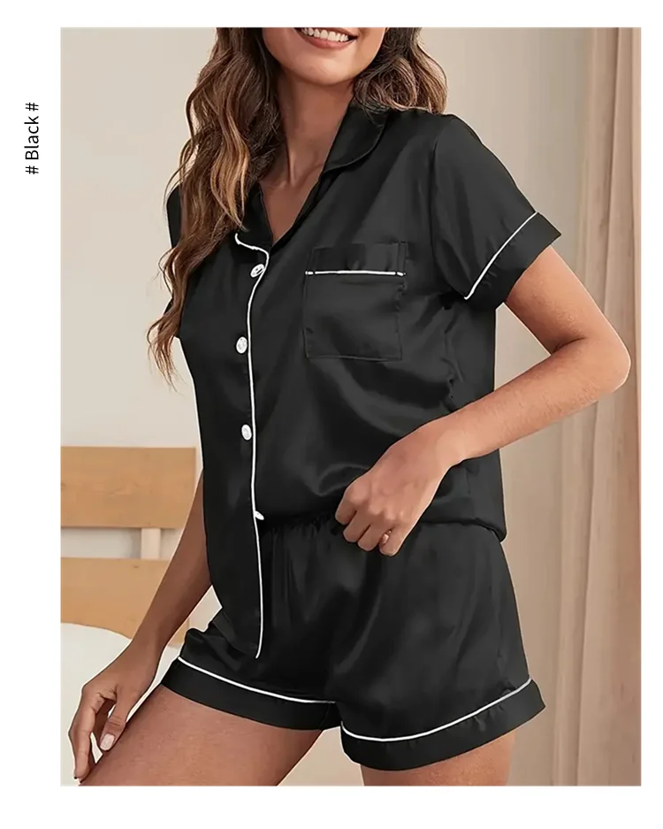 Luxuriöser Satin-Pyjama für Damen, Umlegekragen, Knopfleiste und Shorts, Nachtwäsche und Loungewear für den Sommer, Heimkleidungsanzug – Detail 9