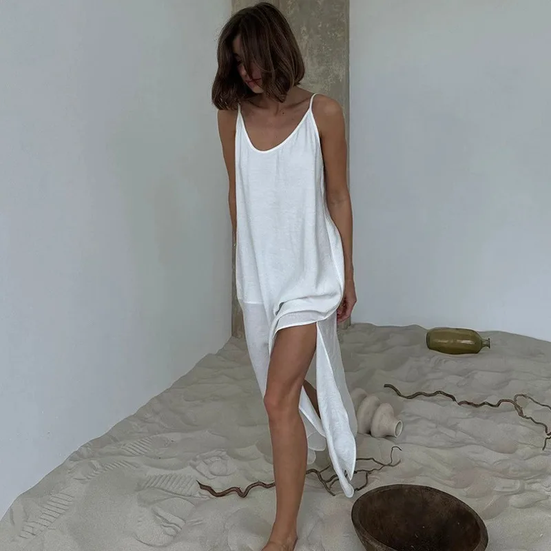 Sleeveless Casual White Long Dress Backless Beach Style Summer Dress V-Neck Elegant Lady Maxi Dress Hollow Sexy Dress For Women