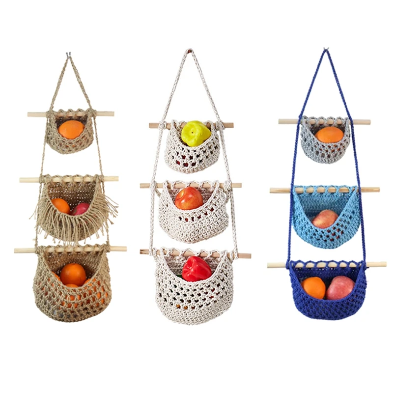 Wall Fruit Basket Braided Hanging Baskets For Kitchen Fruit And Vegetable Basket 3 Tier Storage Hanging Woven Pocket Durable A