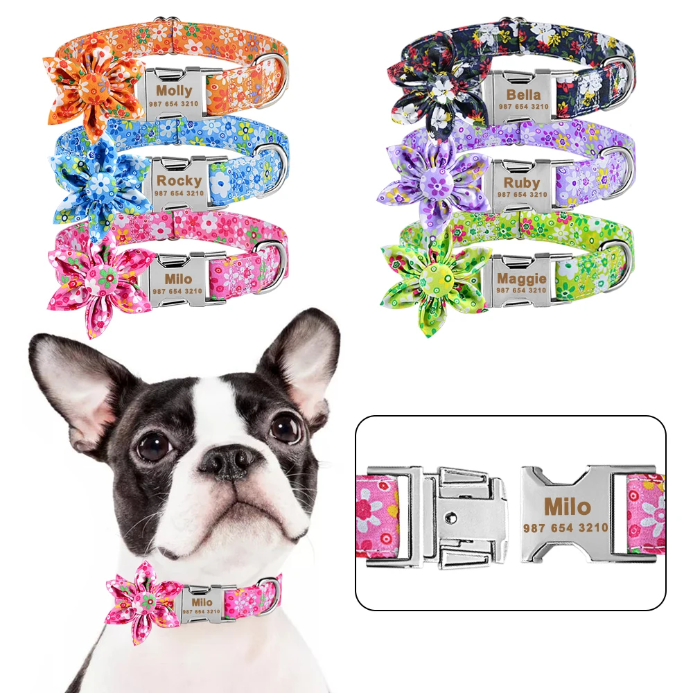 Personalized Flower Dog Collar Nylon Metal Buckle Small Medium Large Puppy Engraved Name Collars Pet Cat Dog Supplies