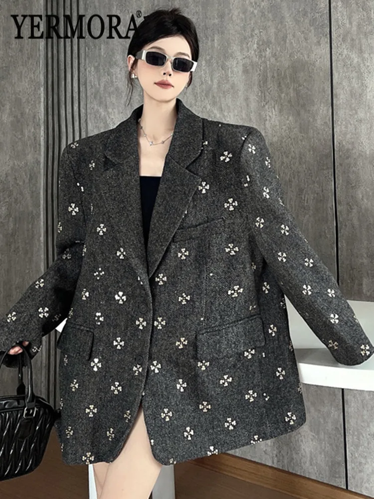 

YERMORA Gray Sequins Buckle Casual Blazer For Women Lapel Long Sleeve Loose New Jacket Fashion Tide Autumn Winter 2025