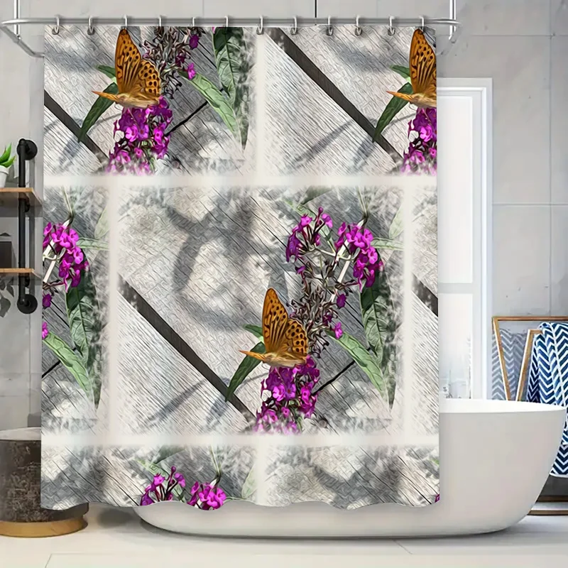 

Decorative butterfly shower curtain with floral print for bathroom decor waterproof fabric bath mat liner, custom sizes availabl