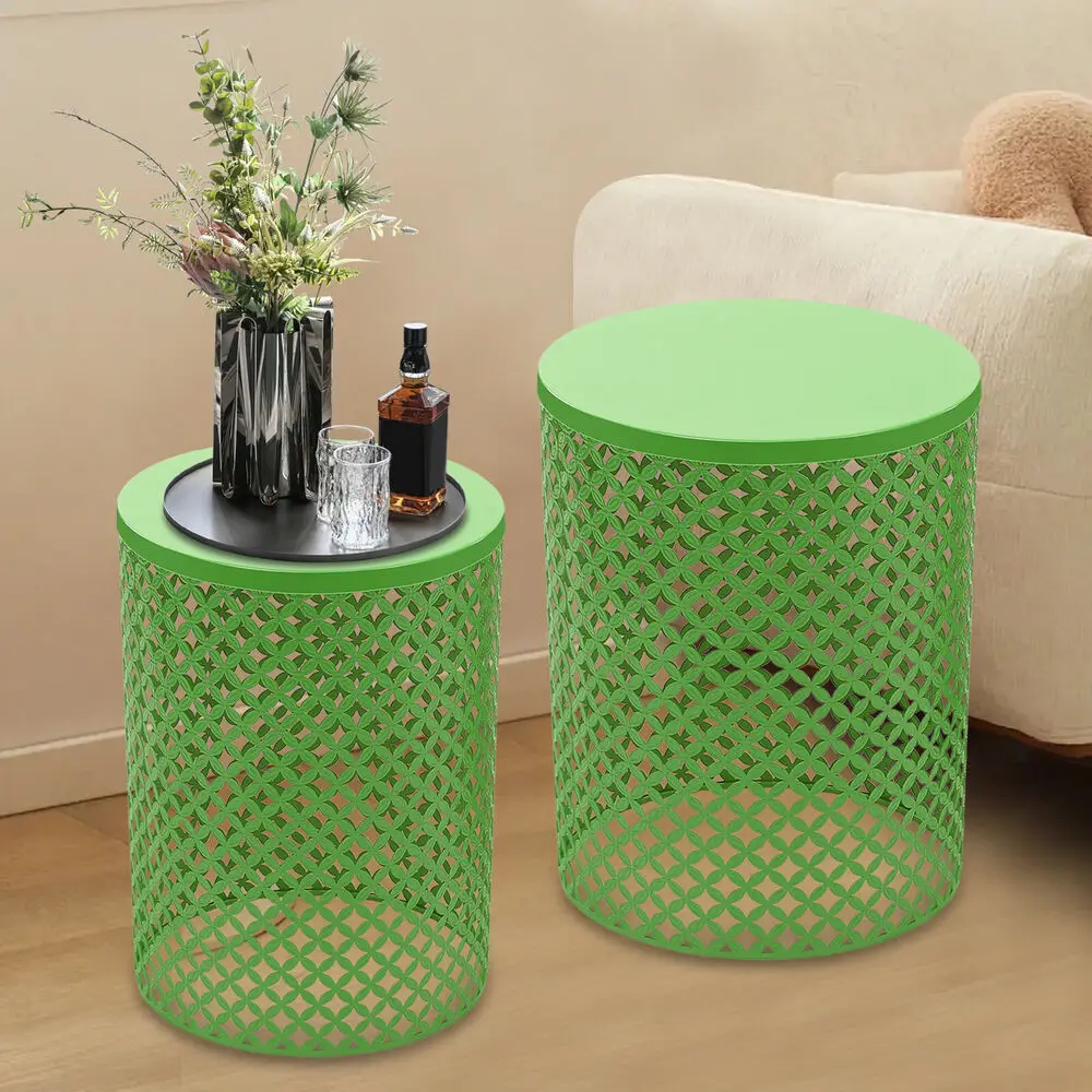 

2-Piece Green Side Table Set – Modern Metal Frame Accent Tables with Openwork Design