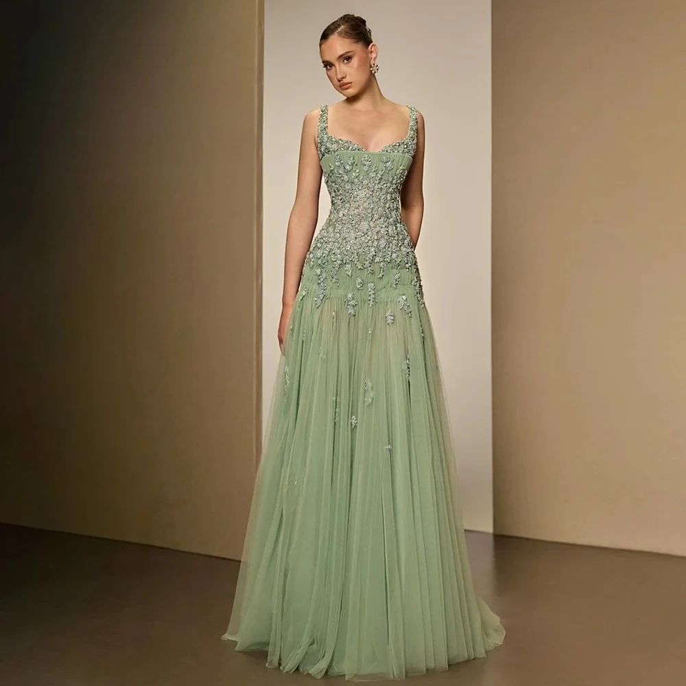 Flowers Green Evening Dress with Beading A Line Prom Gowns with Applique Straps Celebrity Dress Vestidos De Fiesta Customized