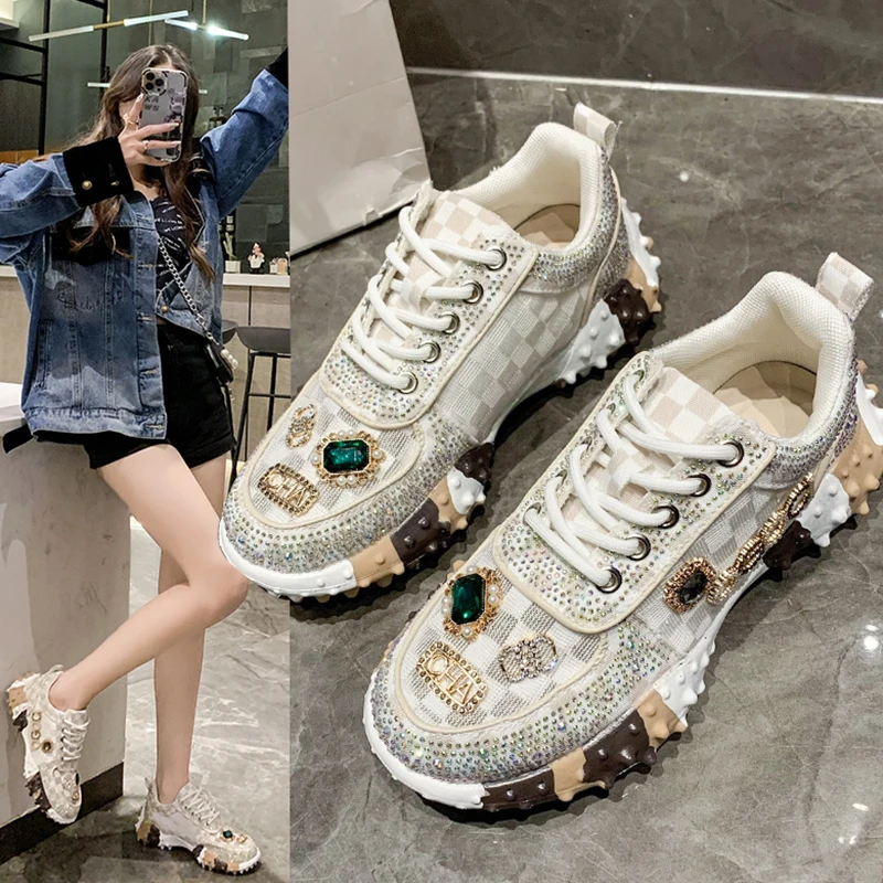 2023 Spring Summer Hip-Hop Rhinestone Women Sneakser Ins Tide Diamond Breathable Luxury Designers Casual Thick Bottoms Dad Shoes