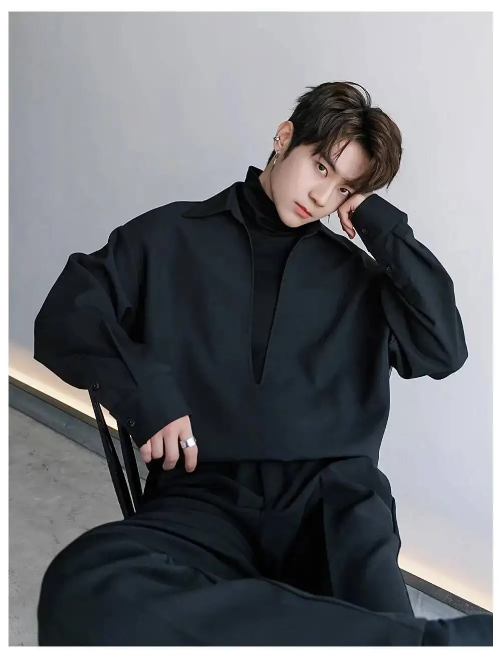 Design Sensation Men's Shirt Heavyweight False Two-Piece Deep V Collar Color Block Patchwork Japanese Style Casual Wear