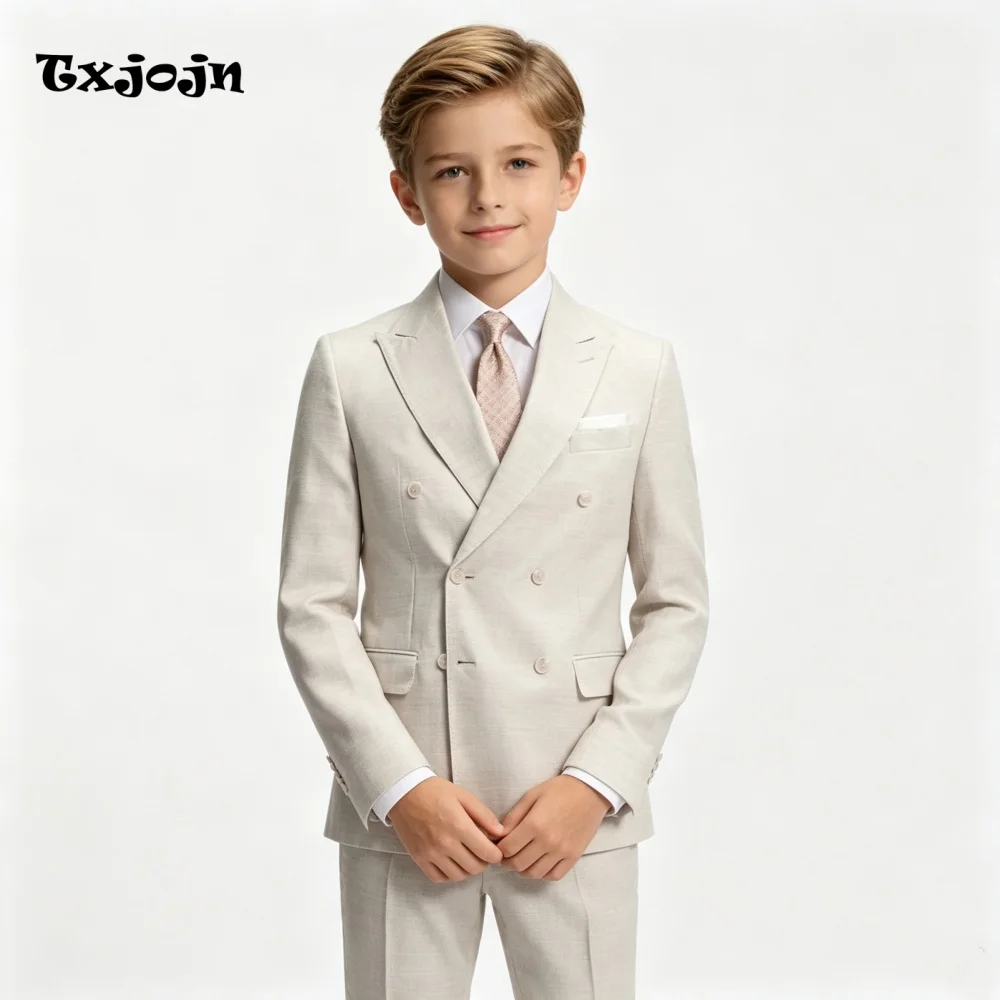 Formal Linen Boys Suit Homecoming Tuxedos 2-Piece Set Trend Pointed Collar Jacket Wedding Double Breasted Blazer Pants for Party