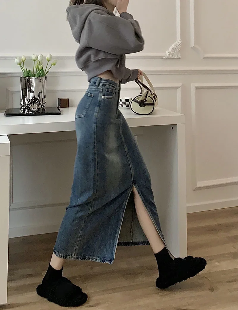 

Новая весенняя джинсовая юбка-миди в стиле ретро с разрезом, женская, маленький размер, с высокой талией, облегающая, А-силуэт