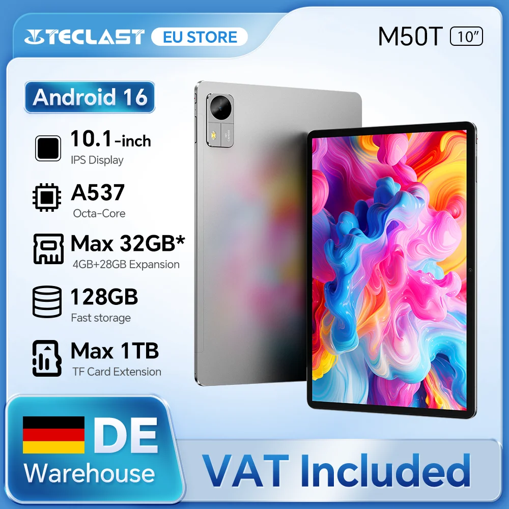 Tablette Teclast M50T 2026 avec écran IPS de 10,1 pouces, Gemini Ai, Android 16, jusqu'à 32 Go de RAM (4 Go + 28 Go virtuels), 128 Go de ROM, processeur 8 cœurs A537, batterie de 7000 mAh, Type-C, prend en charge les cartes MicroSD jusqu'à 1 To et le Wi-Fi 6.
