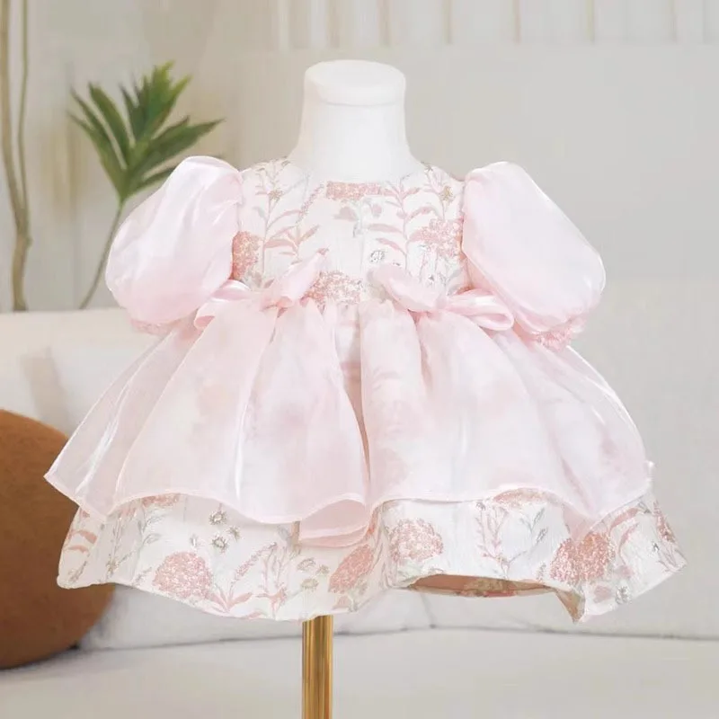 Vestido de princesa estampado para bebé, primeiro vestido de festa de aniversário, vestido de baile, final alta, verão, rosa, 2024