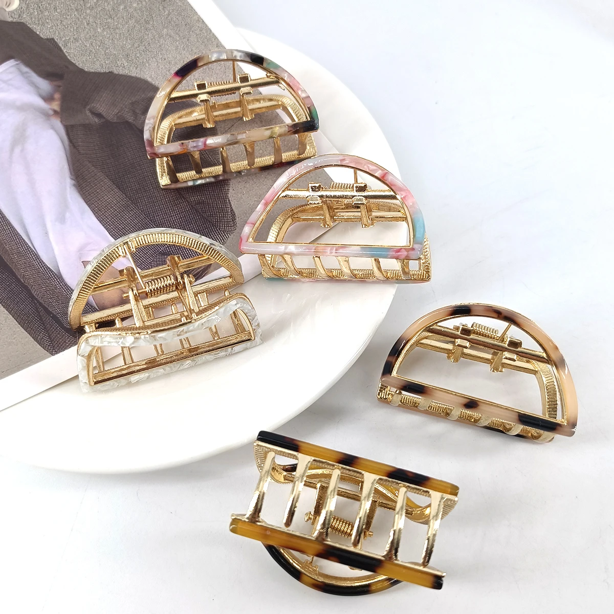 Pinzas para el cabello de 5cm, accesorios para el cabello a la moda, Mini pinza de horquillas de aleación de acetato de forma media redonda