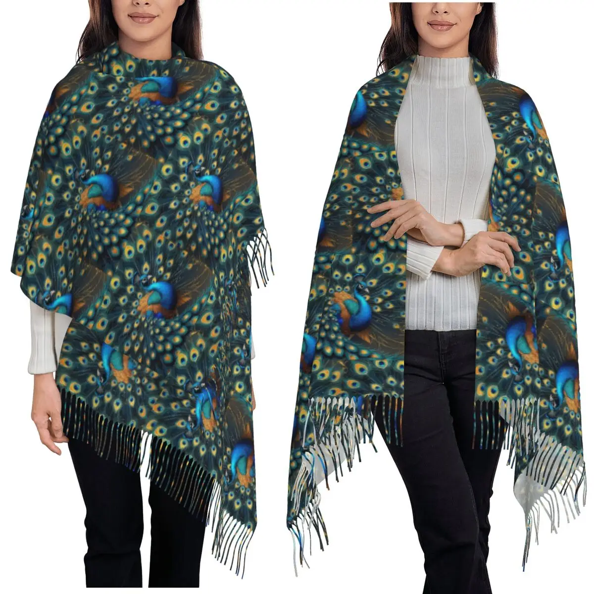 Beautiful Peacock Feathers Scarf Tassel Scarves Women Soft Warm Shawls and Wraps Large Fall Winter Shawl Wrap