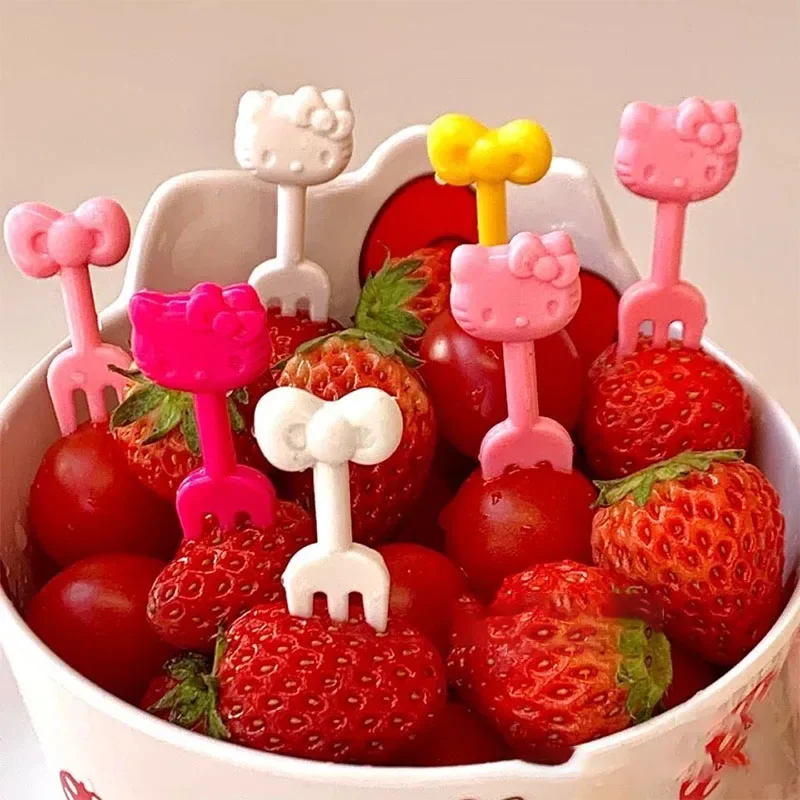 Hello Kittys garpu mainan buah, 10/20 buah garpu Salad garpu buah Mini Anime kt kartun lucu siswa portabel dapat didaur ulang