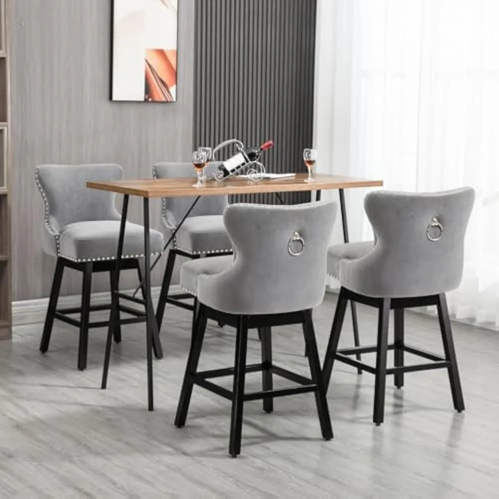 Swivel Bar Stools Set of 4, 26 Island Chairs with Wood Legs & Adjustable Foot Pads, Fabric Counter Stools with Back & Pull Ring