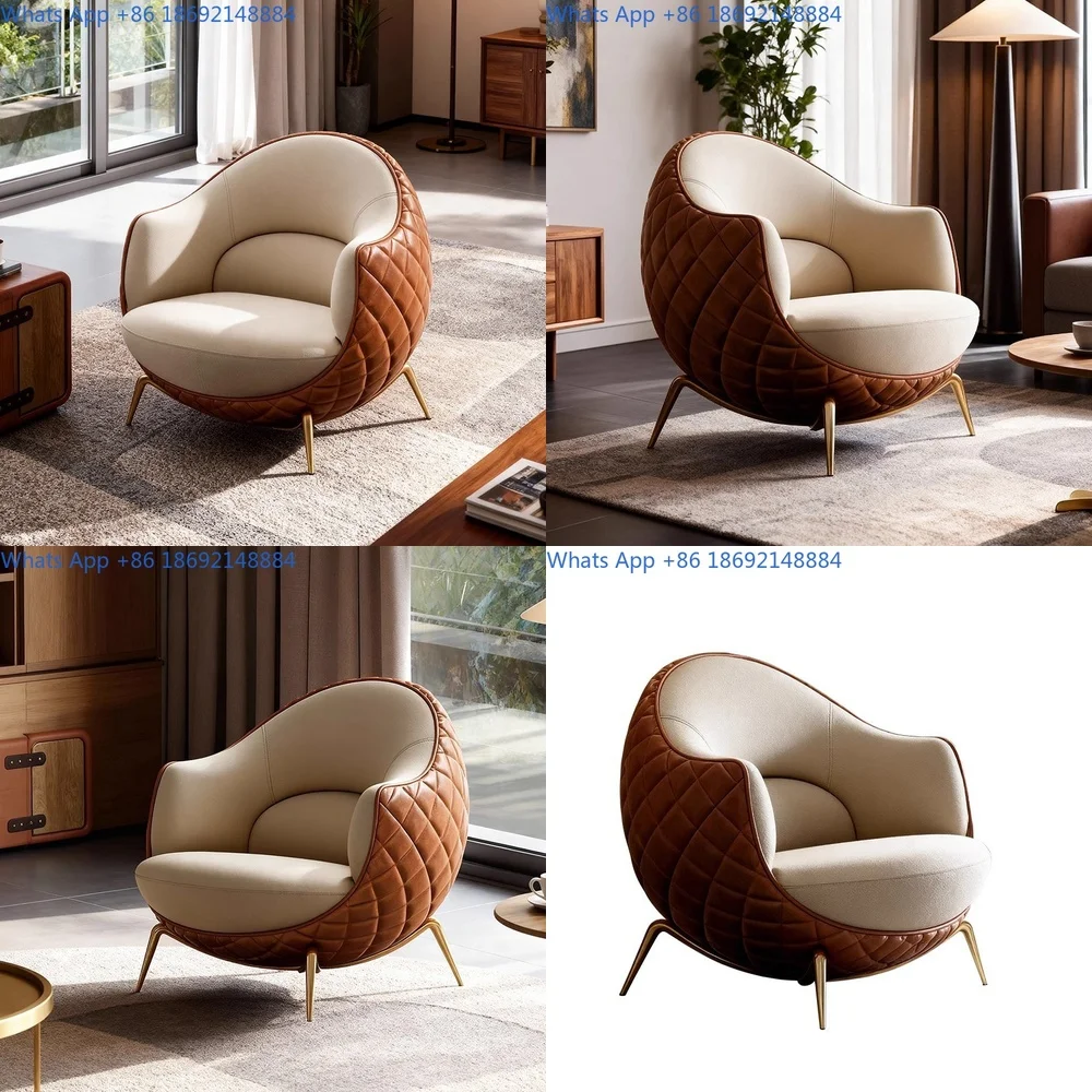 

Retro French Style Single Leather Sofa Chair with Diamond Pattern and Solid Wood Legs