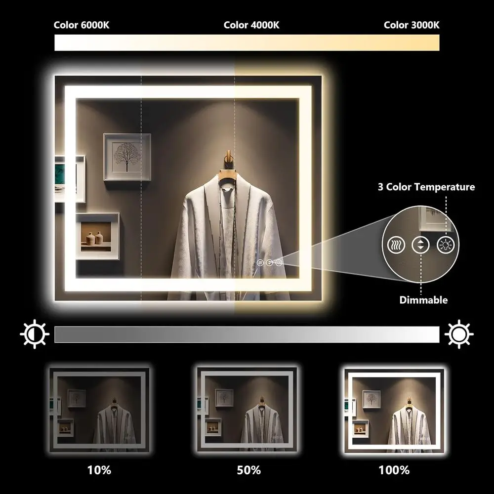 مرآة حمام مضيئة بإضاءة LED 36 وات × 32 ساعة، 3 ألوان قابلة للتعتيم، مضادة للضباب، مقاومة للكسر، مرآة زينة مقاومة للماء #4