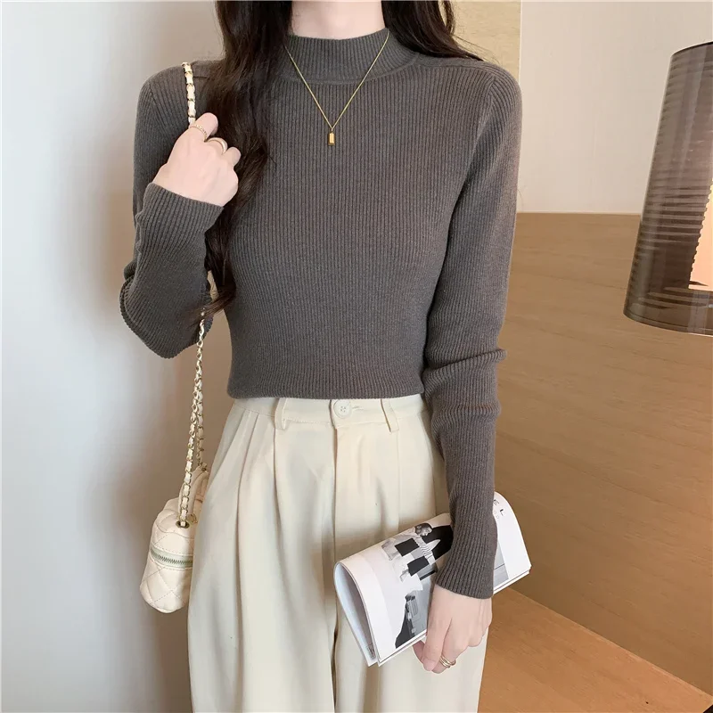 Slanke Mock Hals Gebreide Trui Vrouwen Truien Nieuwe Lange Mouw Gebreide Trui Trui Vrouwen Tops Sueter Feminino Knitwears Q1725