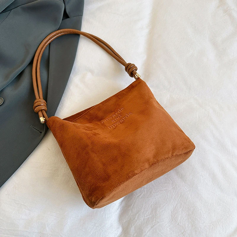 Damen-Handtasche aus Wildleder mit großer Kapazität und Buchstabenmuster, magnetische Schnalle, Samt, PU-Unterarmtasche im Retro-koreanischen Stil – Detail 28