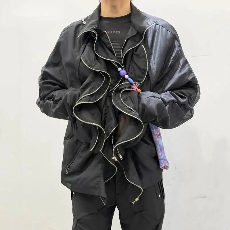 Men Zipper Ruched Jacket Dark Streetwear Biker Style Loose Designer Niche Edgy Stylish Versatile Menswear SF43