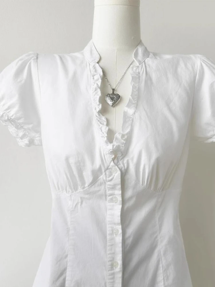 Deeptown White Basic Women Ruffle Shirts Elegant V Neck Short Sleeve Korean Fashion Crop Blouses Slim Japanese Preppy Jk Summer