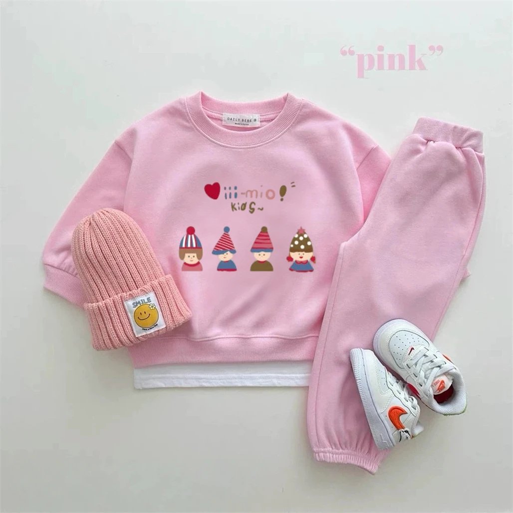 Rosa-weiße Anzüge, Cartoon-Sweatshirts + Hosen, zweiteiliges Set für Kinder, Herbstkostüm, bedruckter Kapuzenpullover, einfarbig, vielseitige Hosen, 2 Stück – Detail 1