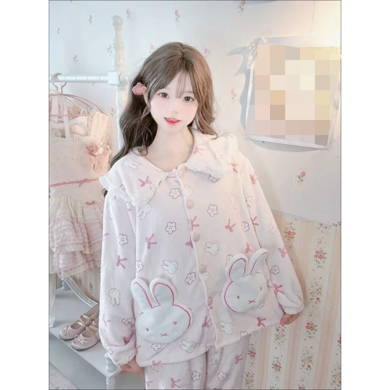 Kawaii Nijntje Flanellen Pyjama Set voor Dames - Gezellige Cartoon Bunny Winter Nachtkleding Sweetheart Girly Loungewear met Pluche Zakken