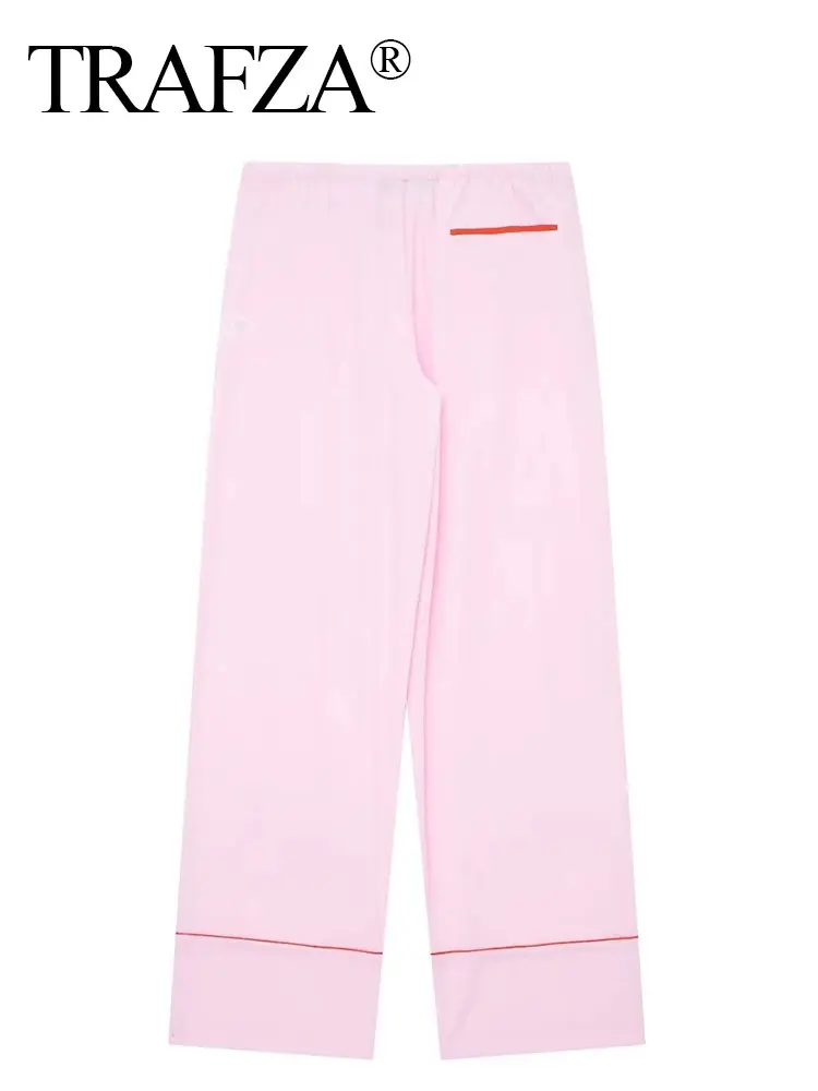 TRAFZA 2024 Spring Women Pink Sweet Patchwork Full Length Pants Elastic Waisted Female With Side Pockets Long Pant Y2K Trouser