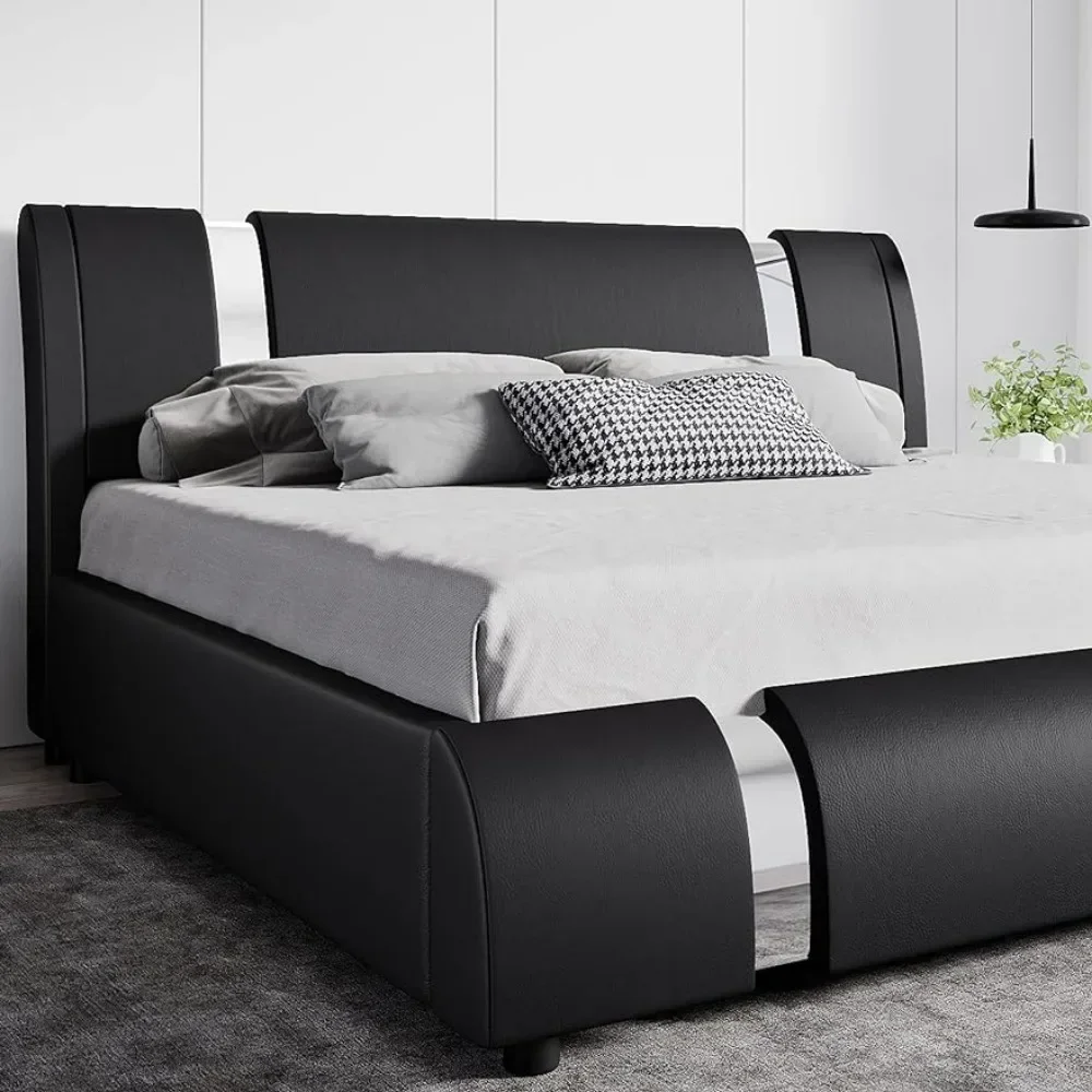 

Modern faux leather queen bed frame with adjustable headboard and wrought iron trim, luxuriously upholstered platform bed