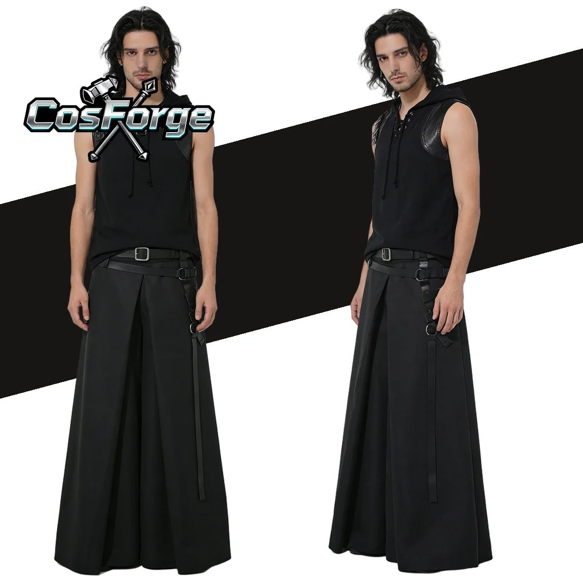 

Men Gothic Sleeveless Hooded Zip Up Cape Vest - Medieval Punk Rock Chain Stage Performance