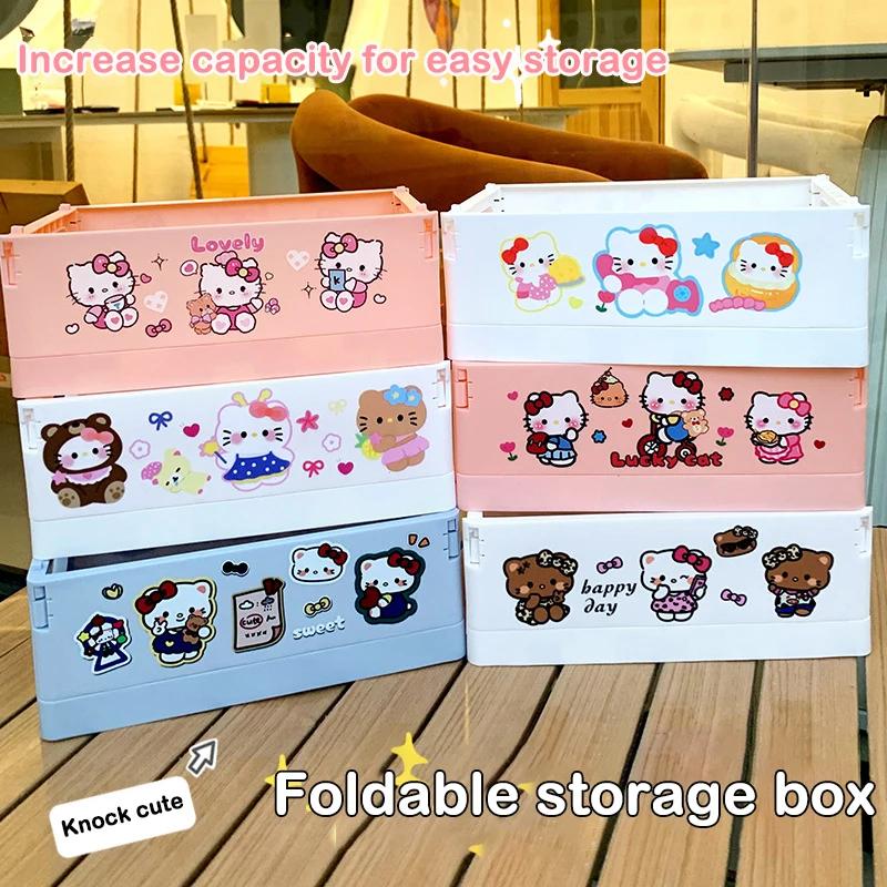 Large Hello Kitty Foldable Desktop Storage Box Sanrio Kuromi Melody Cinnamoroll Student Kid Convenient Storage Basket Stationery