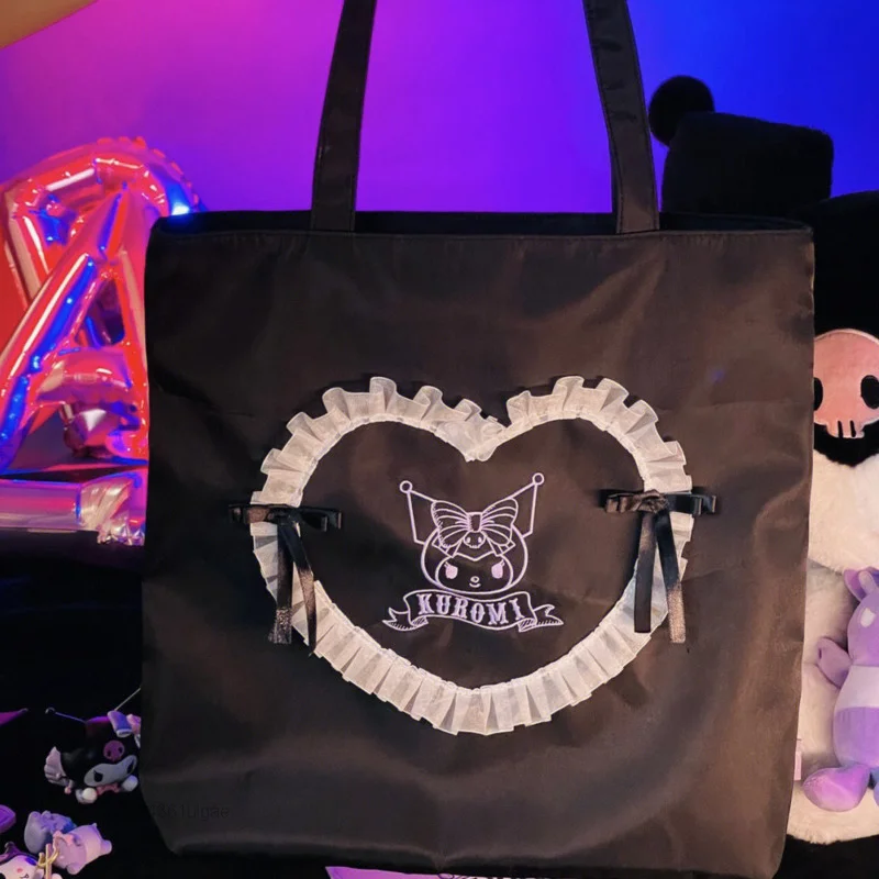 Sanrio Cartoon Kuromi torby kobiety moda czarny Casual Tote Bag nowy projekt serce koronkowe torebki Y2k duża pojemność torba na ramię