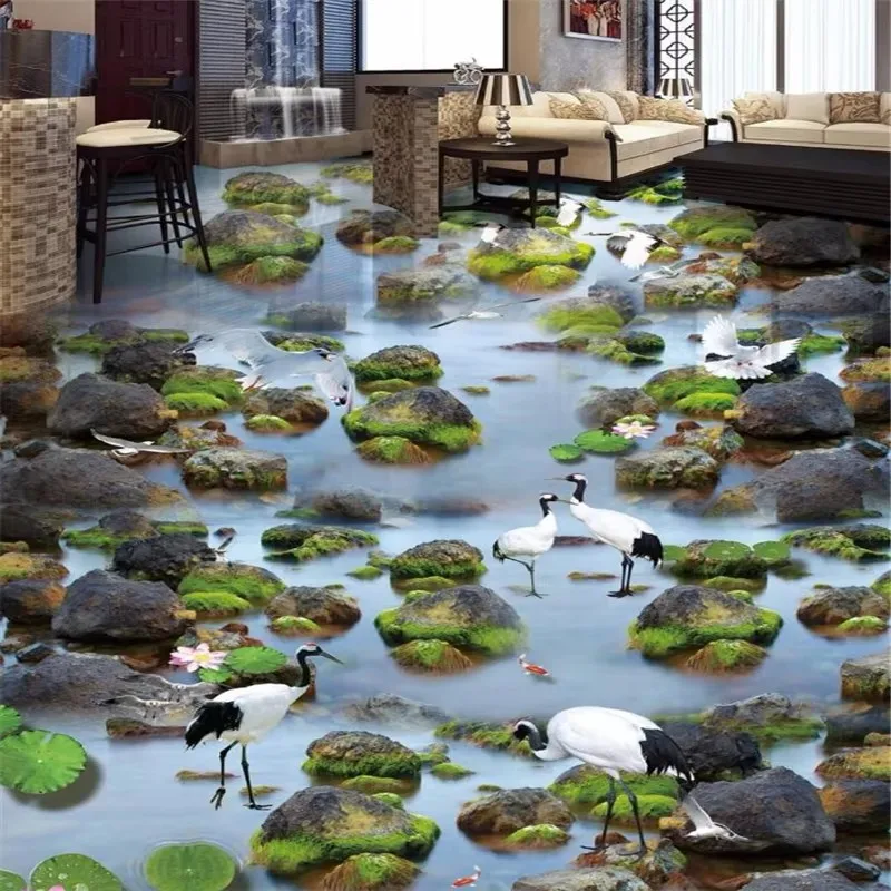 

Пользовательская отделка пола, картина, 3D калька, полоток воды, камни, белый олень, журавль, лотос, карп, самоклеящиеся напольные обои, домашний декор