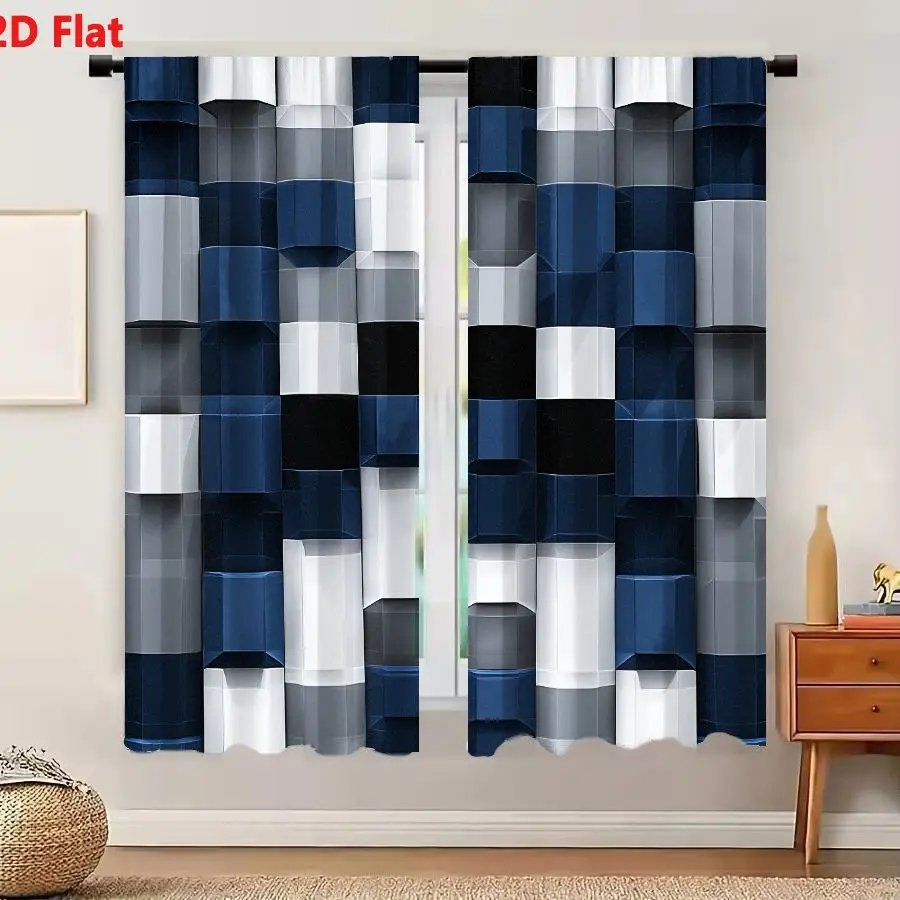 2Pcs Curtains 2D Flat Abstract Geometric Pattern With Vertical Columns And Monochromatic Blue Tones Window Drapes for Bedroom Ro