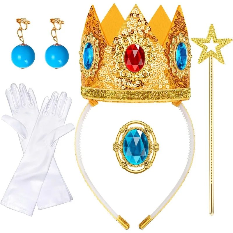 Princess Peach Crown Costume Accessories Include Crown/Wand/Gloves/Earrings/Brooch for Women Halloween Dress up Cosplay Costume