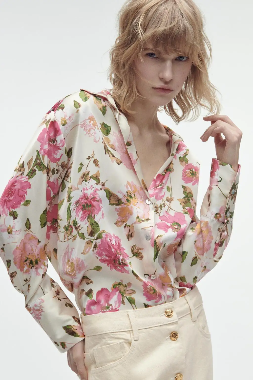 Spring 2025 Loose Floral Print Silk Satin Feel Women's irt Anti-Wrinkle Thin Long Sve Striped Button Closure Square Collar