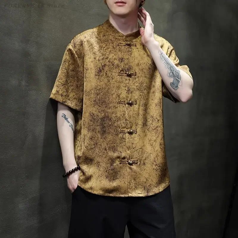 Traditional Vintage Button Top Chinese Style Men's Tang Suit Shirts Plus Size 5XL Casual Loose Hanfu Blouse Satin Jacquard Coat